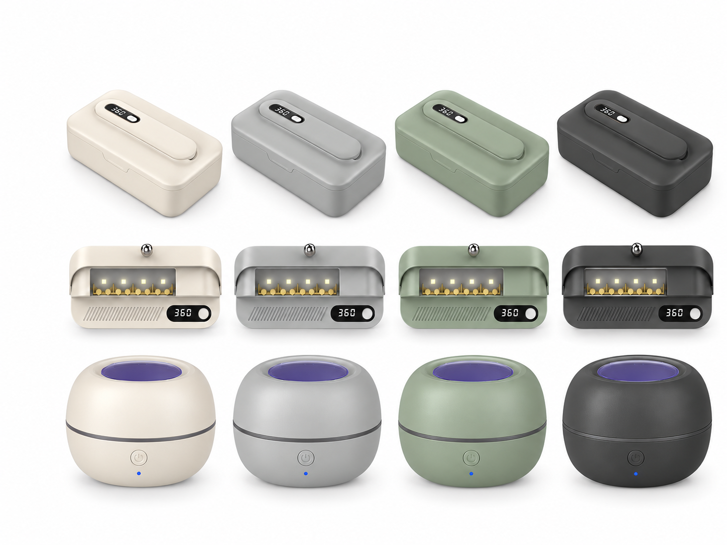 Coordinated ivory, grey, sage green and charcoal color concepts for UV care products