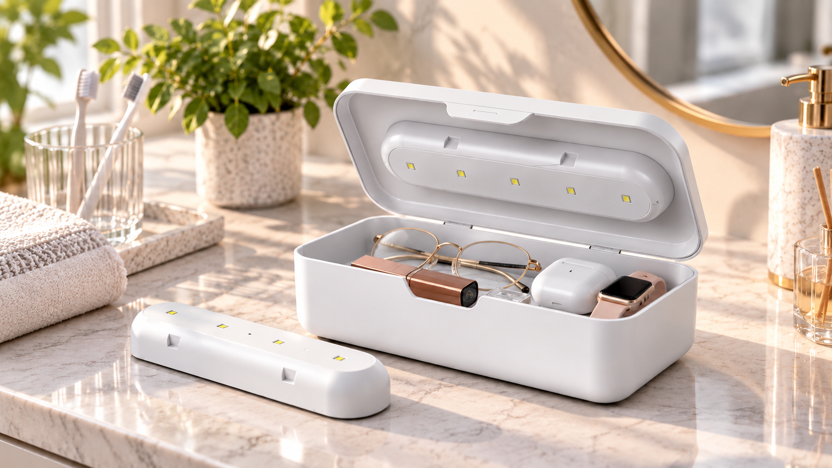 Open Tezeritech UV care box holding glasses, earbuds and a watch on a bathroom countertop