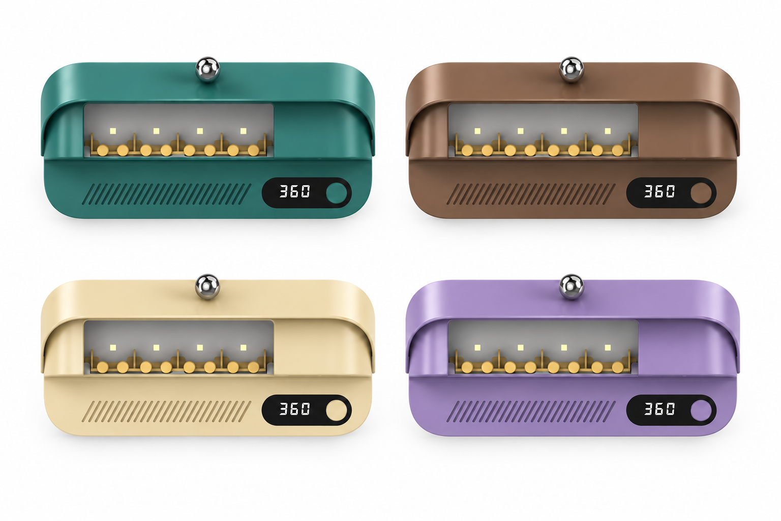 UV toothbrush holder color concepts in teal, brown, beige and purple
